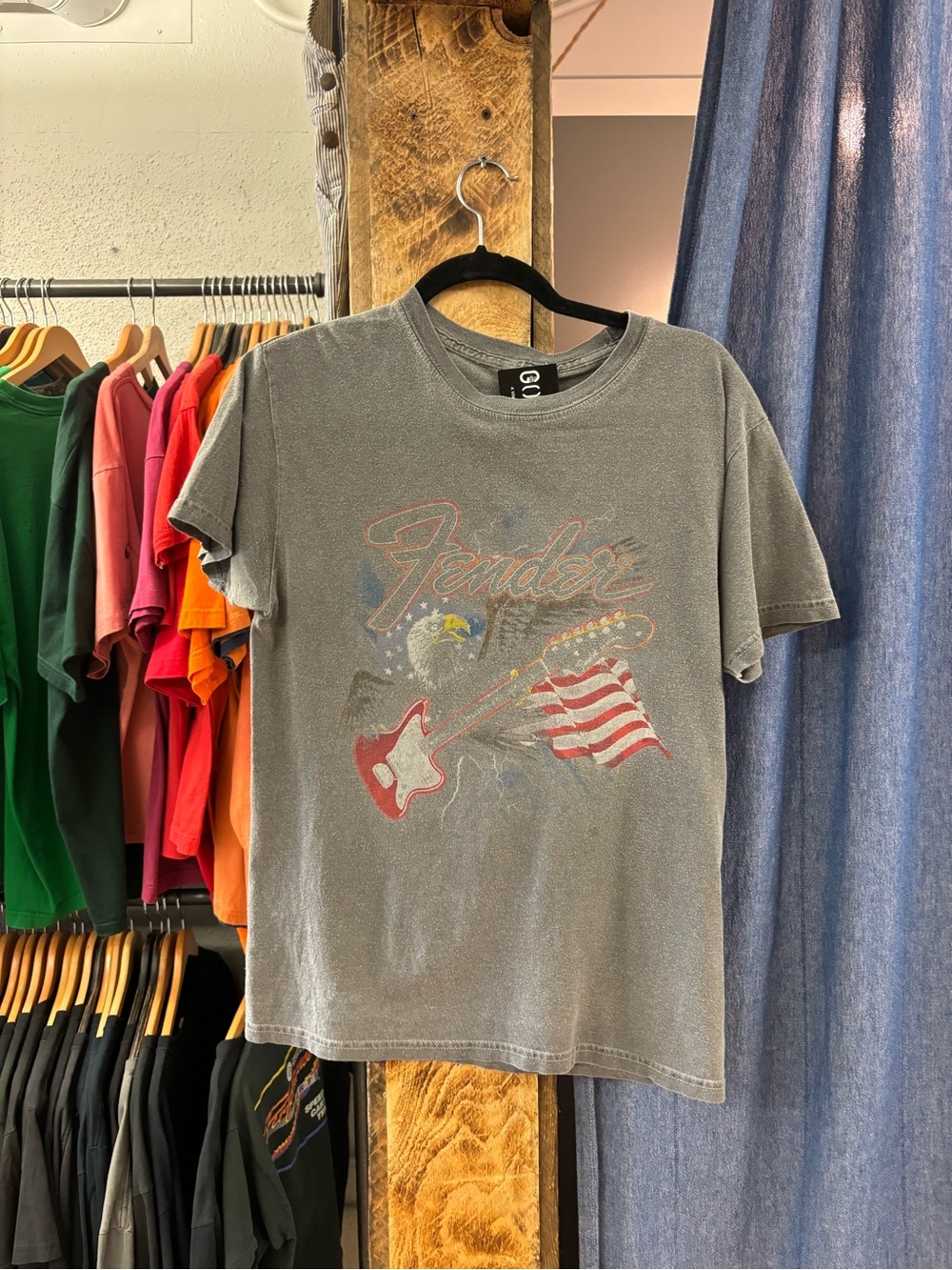 Fender Gray Tee with Red, White and Blue Guitar Graphic